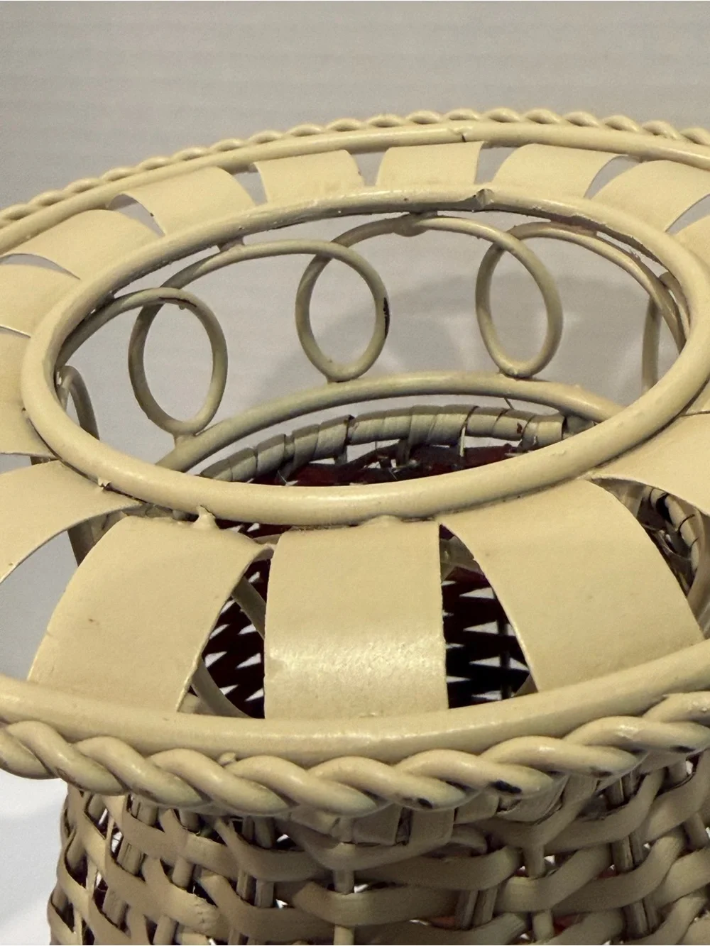 Tall Ivory Colored Metal & Wicker Vase 15” Tall Metal Scrollwork Top/Base